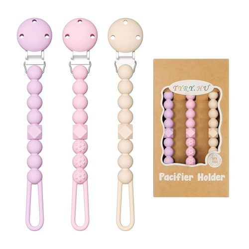 TYRY.HU 3 Pack Silicone Pacifier Holder Clip with One Piece Beads for Boys and Girls, Soft Flexible Pacifier Clip, Rust-Free Binky Clips with Texture, Keeps Pacifier Clean, Fits Most Pacifiers(Pink)