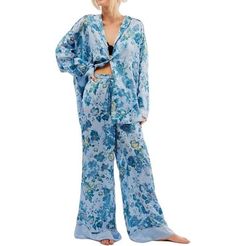 Women Satin Pajama Set Floral Silk Pajamas 2 Piece Lounge Sets Button Down Shirts Wide Leg Pants Pjs Sleepwear