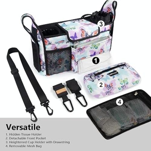 Baby Stroller Organizer, Stroller Caddy with Detachable Mesh Bag & Heightened Insulated Cup Holders & Non-Slip Secure Hooks Accessories, Fits Most Strollers (Butterfly)