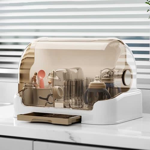 Baby Bottle Drying Rack with Lid Baby Bottle Storage Dustproof Baby Bottle Storage Box with Removable Drain Tray Portable Baby Bottle Organizer with Cover Reusable Bottle Holder (Brown, 40*29*27CM)