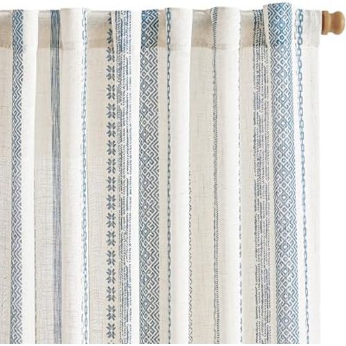 jinchan Linen Blend Boho Curtain 2 Panels Light Filtering Back Tab Curtains