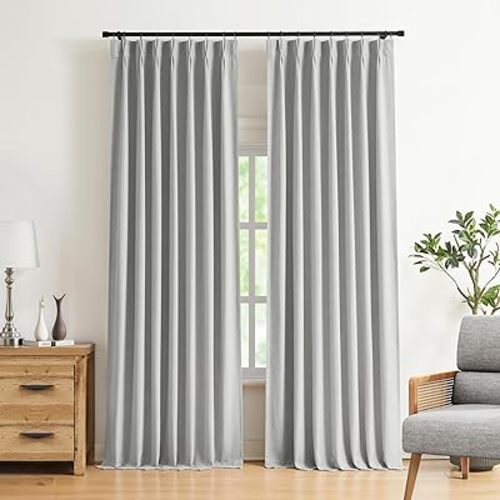 Vision Home Light Grey Pinch Pleated Full Blackout Curtains Linen Blended Room Darkening Curtain Panels 84 inch for Living Room Bedroom Thermal Insulated Pinch Pleat Drapes with Hooks 40" Wx84 Lx2