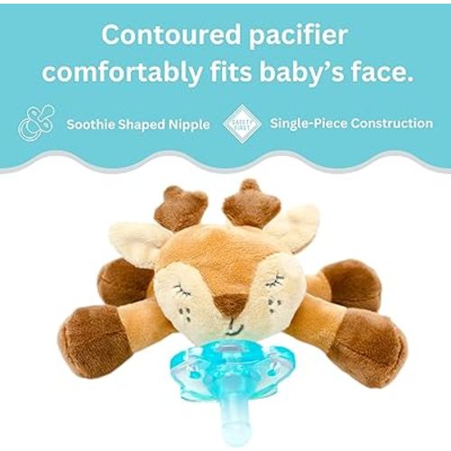 PaciBuddy Deer Pacifier Holder - Plush Toy with Detachable Pacifier & Universal Adapter, Gender Neutral Baby Gift for 0+ Months - Infant Plush Baby Toy, Versatile Baby Essentials, Binky