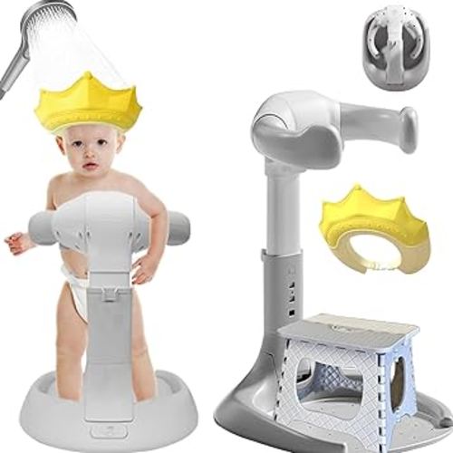 (3 in 1) Baby Shower Stand, Adjustable Baby Bath Stand with Safety Handle,Shower Head Holder for Babies 6-36 Months Baby & Toddlers,Bath Essentials for Infants（Gray White）