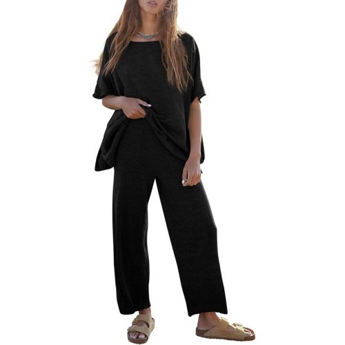 Tankaneo Women's 2 Piece Travel Outfits Casual Short Sleeve Knit Sweater Set Wide Leg Pants Lounge Sets Tracksuit