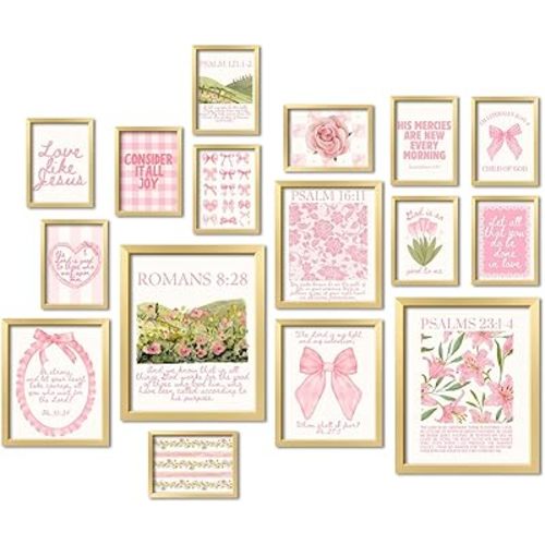 ANERZA 16 PCS Christian Coquette Wall Art Decor, Pink Bow Bible Verses Gallery Wall Prints for Bedroom Nursery, Jesus Posters for Living Room Aesthetic, Scripture Preppy Dorm Collage Kit for Girls Kids