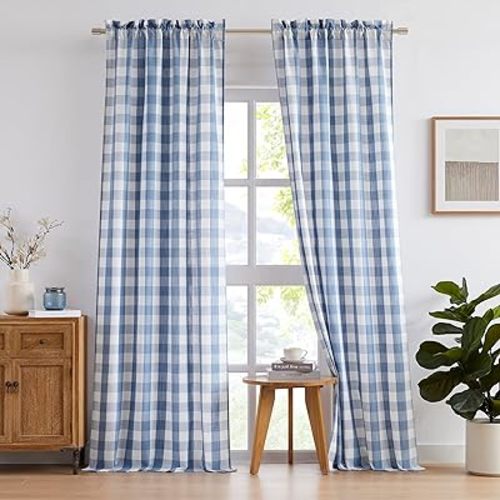 Blue White Buffalo Plaid Semi Sheer Curtains 84 Inches Long,Farmhouse Checkered Drapes,Rustic Geometric Gingham Window Treatment for Bedroom Living Room,Rod Pocket,40" Wx84 L(Pack of 2)