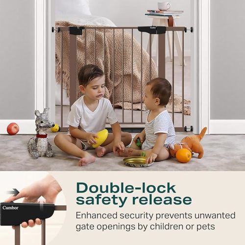 Cumbor 29.7-40.6" Baby Gate for Stairs, Mom's Choice Awards Winner-Dog Gate for Doorways, Pressure Mounted Auto-Close Pet Gates for Dogs Indoor, Safety Child Gate with Easy Walk Thru Door, Brown