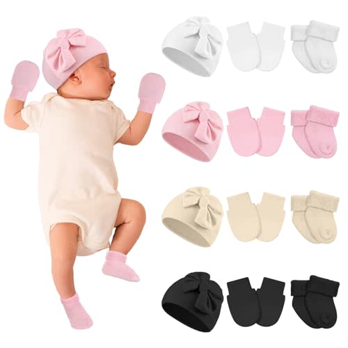 Toulite 4 Pack Preemie Baby Hats Mittens and Socks Set Premature Newborn Baby Girl Cotton Bow Knot Caps for Nicu Girl Boy