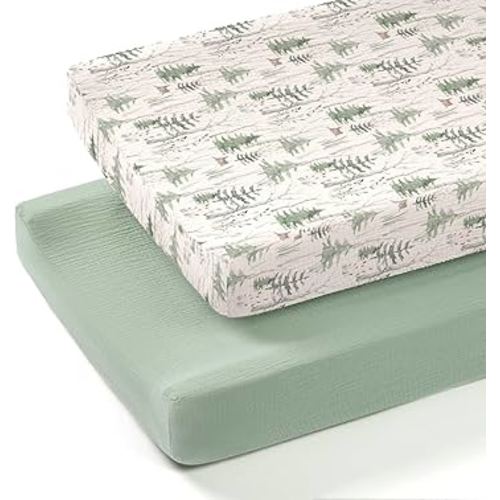 lulumoon Muslin Changing Pad Cover: 2-Pack Soft Breathable Cotton Boho Forest Print for Baby Boys - Nursery & Baby Shower