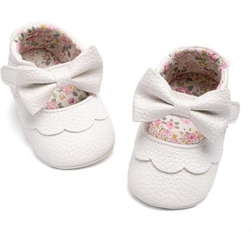 Meckior Newborn Baby Girls Dress Shoes Infant Bowknot Soft Sole Mary Jane Moccasins Baptism Christening Crib Shoes Wedding Princess Flats