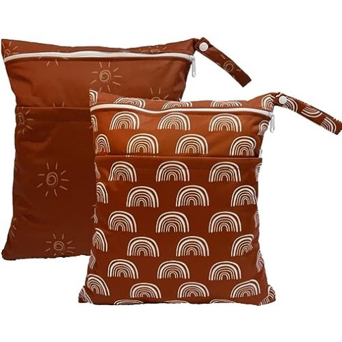 Wet Dry Bag for Cloth Diapers, 2PCS Waterproof Reusable Wet Bag with Zippered Pockets, Washable, Reusable for Travel, Beach, Pool, Stroller, Diapers, Dirty Gym Clothes, Swimsuits, 14x12In