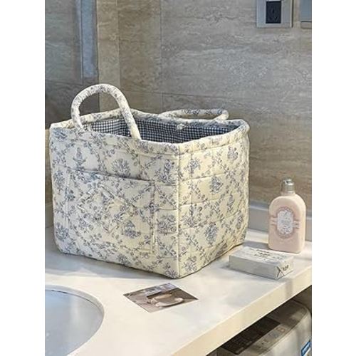 Storage Basket Boho Fabric Large Collapsible Floral Laundry Nursery Hamper Portable Folding Storage for Clothes Toys (Vine-Blue A)