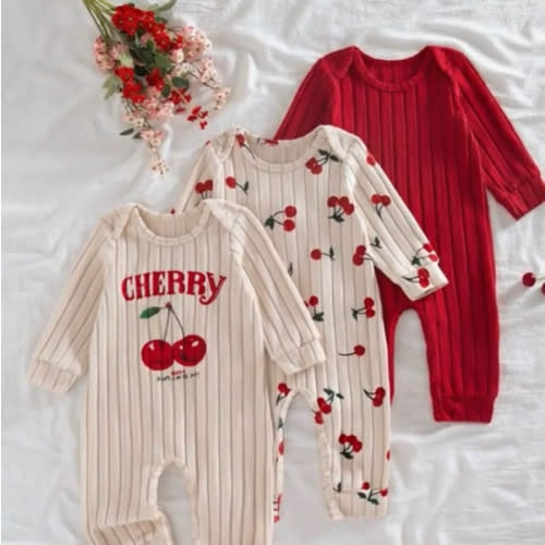 SHEIN Vintaside Kids 3pcs Baby Girls Autumn Cherry Print Envelope Collar Ribbed Knit Jumpsuit Set | SHEIN USA