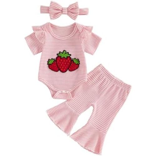 Newborn Girl Clothes Baby Bell Bottom Outfit Strawberry Grape Cherry Striped Waffle Knit Romper Flare Pants Set