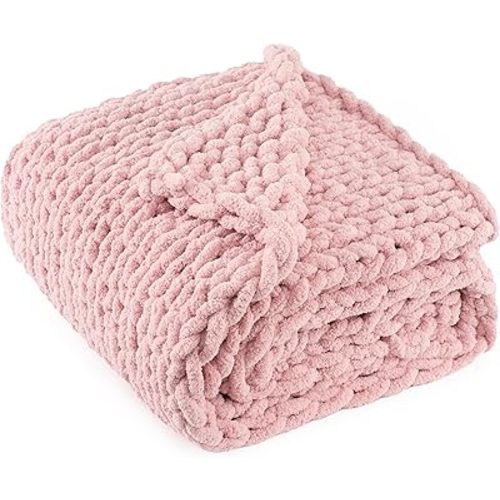 Chunky Knit Throw Blanket 50"X 60", 100% Handmade with Soft Chenille Yarn, 4.4lbs Thick Cable Knitted Blankets, Large Rope Knot Crochet Throws for Couch Sofa Bed Home Decor, Dusty Pink