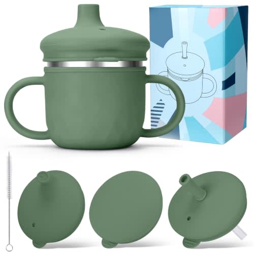 BUSOHA 3 IN 1 Stainless Steel Toddler Sippy Cup - 8oz Baby Sippy Cup | Food-Grade 304 Stainless Steel and Silicone,Spill-Proof Toddler Straw Cup with Brush,Dishwasher Safe,Dark Green