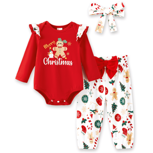 PatPat Baby Girl Outfit Christmas Gingerbread Romper and Cute Pants with Headband Infant Baby Girl First Gift 0-3 Months