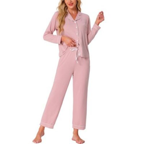 cheibear Women's Long Sleeves Button Down Top with Pants Lounge Pajamas Set