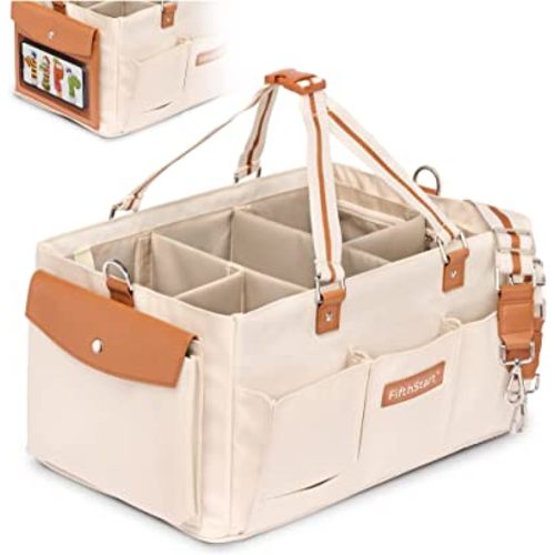 FifthStart Diaper Caddy Organizer - Multiple Compartment Bag with Shoulder Strap and Entertainment Pouch Keeps Baby Still for Diaper Changing. Waterproof Canvas Fabric Storage Bag for Nursery (Beige)