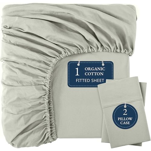 LANE LINEN Full Fitted Sheet, 100% Organic Cotton, 3-Piece Set (1 Fitted Sheet,2 Pillowcases), Percale Weave, Full Bed Bottom Sheet, Ultra Soft, Fits Mattress Upto 15" Deep - Mineral(No Flat Sheet)