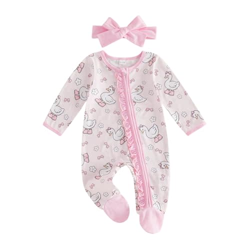 Newborn Baby Girl Fall Outfits Print Zipper Footed Romper Winter Clothes | Polyester Blend, Crewneck, Long Sleeve, Ruffled, Headband, Suitable for Football Activities and Halloween, 0-12 Months