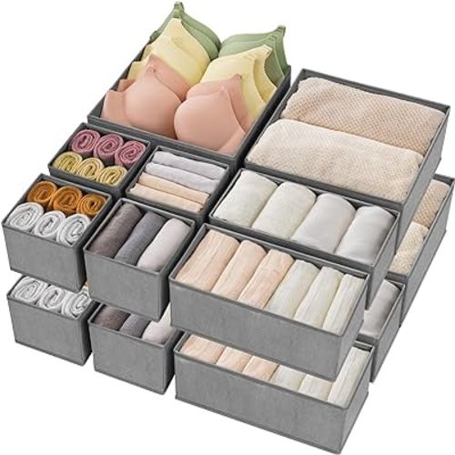 Drawer Organizer Clothes,16 Pack Underwear Drawer Organizers, Foldable Closet Organizers and Storage Dresser Drawer Dividers Clothing Organizer for Clothes, Socks, Scarves, Bra, Ties (Grey)