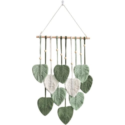 Betylifoy Macrame Wall Hanging, Boho Woven Leaves Tapestry Wall Decor Macrame Tapestry with Wooden Beads Boho Chic Wall Art Decor Tapestry Wall Hanging for Bedroom Nursery Wall Decoration (Green)