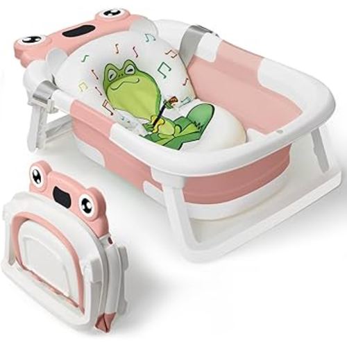 DEANIC Baby Bathtub Collapsible for Newborn Bath, Portable Infant Bathtub with Soft Baby Bath Support Cushion for 0-6-12 Month Newborns, Foldable Baby Bath tub for Indoor, Travel (Pink)