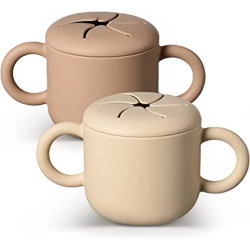 Potchen Silicone Snack Cup Toddlers Sippy Cup Snack Containers with Double Handles Removable Lid for Toddler Baby Infants Training Cup for 6 Month+ (Walnut, Beige, 2 Pack)