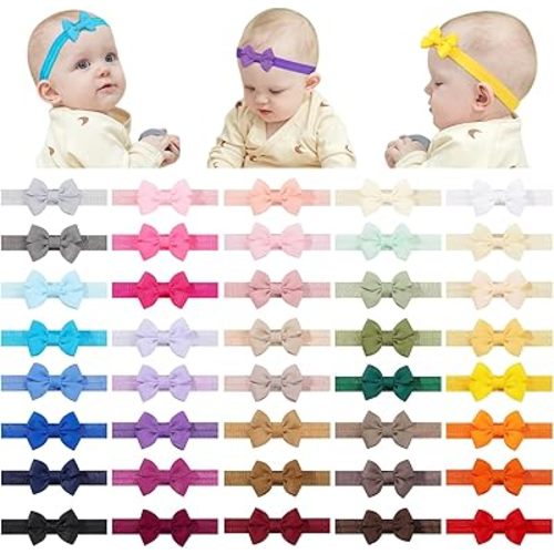 jollybows 40pcs Baby Girls Bows Headbands EXTREMELY MINI Elastic Hairband Ribbon Bow Hair Accessories for Kids Toddlers Infants Newborn