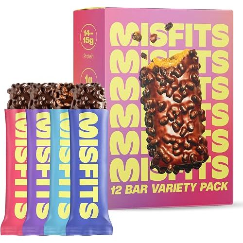Misfits Protein Bar Variety Pack | Nutrition Bars - 14-15g Protein, 1g Sugar, Plant-based, Low Carb, Non-GMO, Gluten Free Snacks | Vegan Protein Bars | Pack of 12, Multiple Flavors