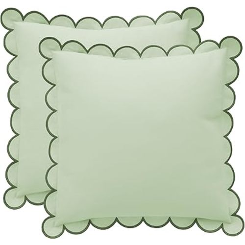 BEBE BASK Green Scalloped Pillow Cover - Set of 2-18 x 18 Inch - Scallop Pillow Cover - Scalloped Pillows - Scallop Pillows - 100% Cotton - Grandmillennial Style (Moss Green)