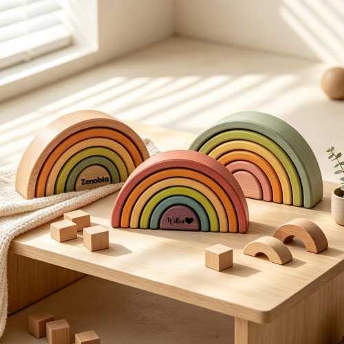 Personalized Name Wooden Rainbow Stacking Toy|Custom Engraved Montessori Rainbow Blocks Wood Nesting Stacker Open Ended Toddler