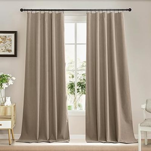 RYB HOME 100% Blackout Flax Linen Curtains 84 Inch Long- Rod Pocket & Back Tab Window Treatment, Thermal Insulated Privacy Curtains for Living Room/Bedroom, W52 x L84, Mocha, 2 Panels