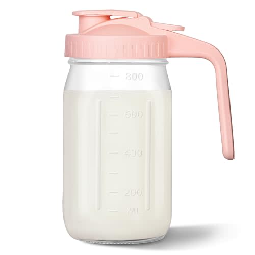 Mason Jar Pitcher, 32 oz Glass Milk Pitcher, Wide Mouth & Leakproof Glass Pitcher with Lid for milk, Sun Tea, Juice, Cold Brew Coffee and Drinks