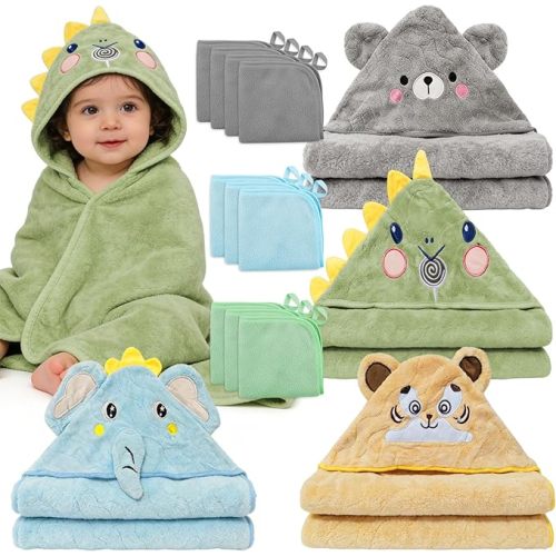 14 PCS Baby Bath Towels Set, 4 PCS Large 31"x31" Animal Hooded Towels & 10 Washcloths, Thick & Ultra Absorbent for Newborns Infants Toddlers 0-5 Years, Soft for Boys
