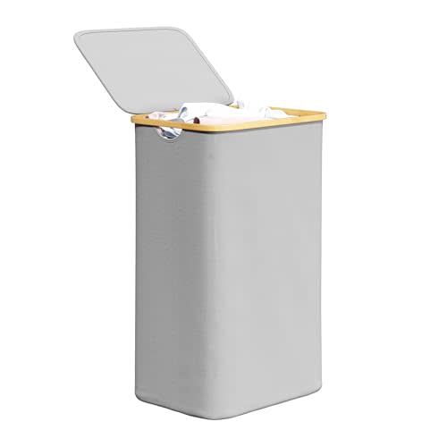 SpaceAid Laundry Hamper with Lid, 110L Large Tall Clothes Basket Bin with Bamboo Handles, Collapsible Laundry Hamper for Bedroom, Bathroom, Dorm, Laundry Room - Light Grey