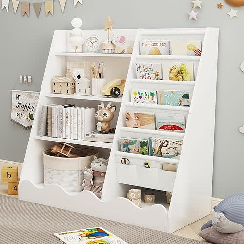 Kids Bookshelf and Toy Storage, Children's Bookcase with 5 Shelf and 4 Tier Cabinet，Wooden Montessori Book Shelf for Kids Room, Playroom, Nursery