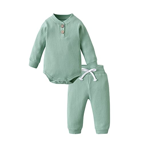 Derouetkia Newborn Baby Boy Girl Clothes Ribbed Cotton Long Sleeve Romper and Pants Outfits Set