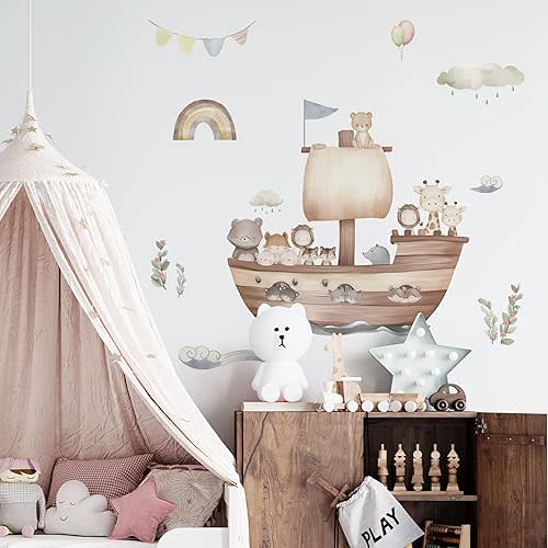 Cartoon Noah's Ark Animal Wall Decal, Lion, Little Bear, Giraffe Boat Animals Wall Stickers Perfect for Your Child's Girls and Boys Bedroom Baby Room Nursery Or Kids Room Ocean Themed Decoration