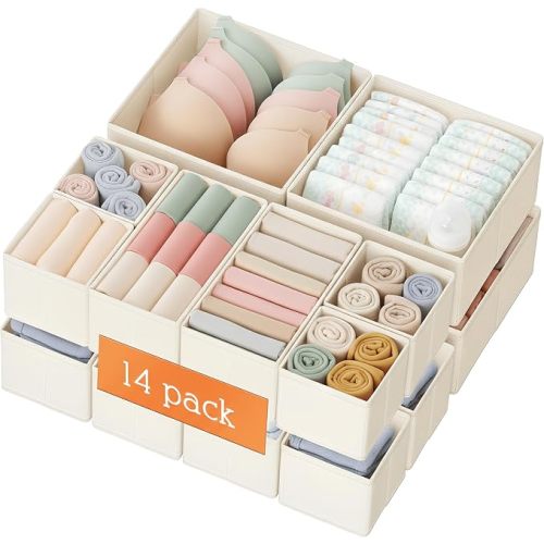 Drawer Organizer Clothes, 14 Pack Dresser Organizer for Baby Clothes, Underwear, Sock- Foldable Closet Organization and Storage Dividers Bins for Nursery, Bedroom and Dorm (Beige)
