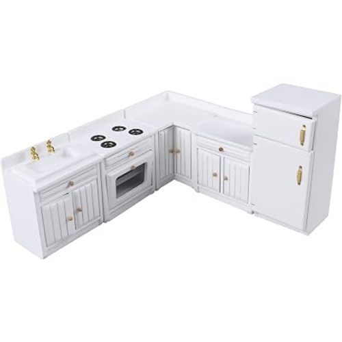 1:12 Scale Dollhouse Kitchen Furniture Set, 5 Piece Wooden Miniature Kitchen Accessories with Cabinet, Fridge, Sink, Corner Cabinet, Classic Dollhouse Decor Furniture Scenes Accessories