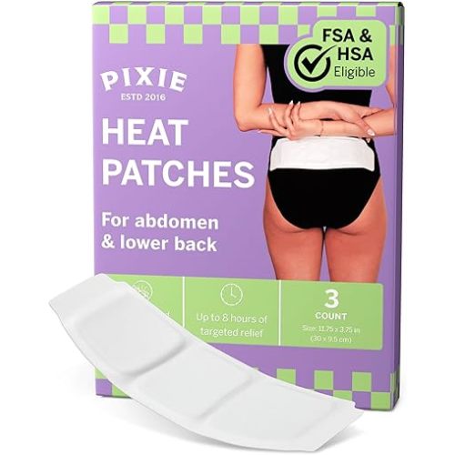 Pixie Large Period Cramps Menstrual Pain Relief Heat Patches for Feminine Care - Lower Abdominal & Back Ache Therapy - Up to 8 Hours - 3 Count Discreet Disposable Heat Pads