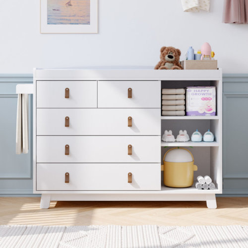 White Modern Baby Dresser With Changing Table – 5-Drawer Nursery Storage Organizer, Adjustable Shelves, Safety Rail – 47.3" L X 17.7" D X 35.4" H | Wayfair