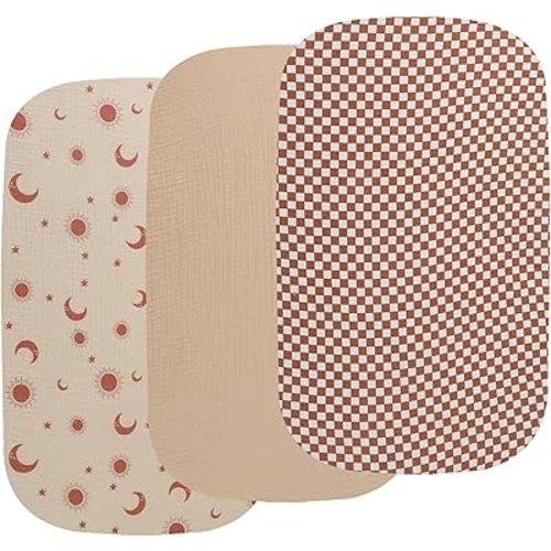 Onacosht Muslin Bassinet Sheets 3 Pack, 100% Cotton Baby Fitted Sheet 33" x 19" Compatible with Mika Micky, KoolaBaby (3 in 1), BabyBond, HARPPA and RICUTON Bedside Bassinet, Checker and Sun Moon