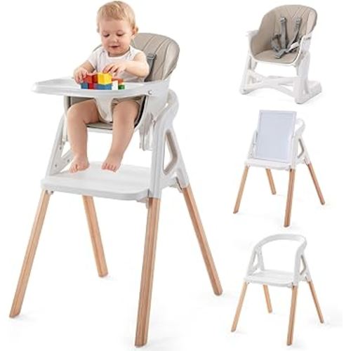 Baby High Chair, 4 in 1 Wooden Convertible High Chair for Babies and Toddlers with Erase Board, Highchair for Baby & Toddler, 5-Point Safety Belt & Waterproof PU Cushion (Beige)