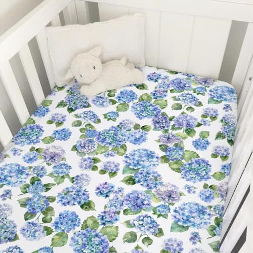 Blue Hydrangea Floral Baby Crib Sheets 52''x28'' Watercolor Flowers Painting Snug Fitted Crib Mattress Cover for Boy Girl Wild Floral Soft Nursery Bed Sheets for Standard Crib and Toddler Mattress