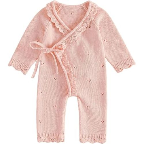 Kupretty Newborn Girl Outfit Baby Sweater Knit Romper Jumpsuit | Coming Home Outfit Baby Girl Knit Clothes Kimono Wrap Romper Fall Winter Clothes Long Sleeve Side Tie Footless Jumpsuit