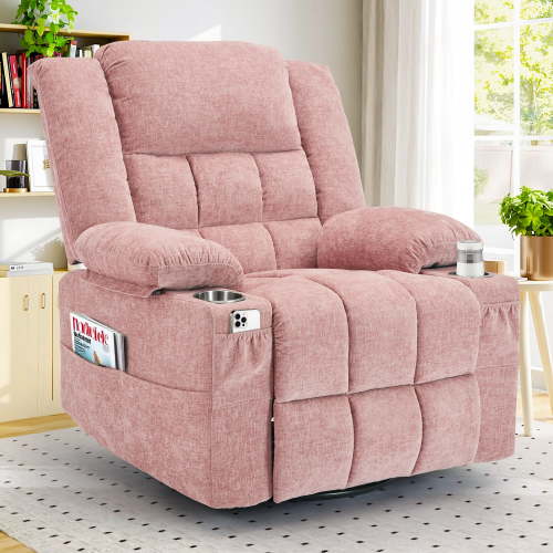 Korser 360°Swivel Rocker Recliner for Adults with Massage and Heating,Nursery Glider Recliner with Side Pockets Manual Recliner Chair Cup Holders for Living Room,Chenille,Pink